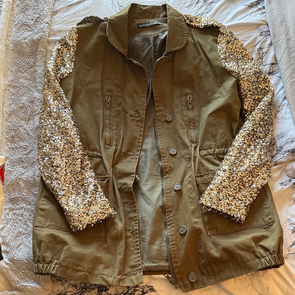 Olive Utility Jacket with Gold Sequin Sleeves